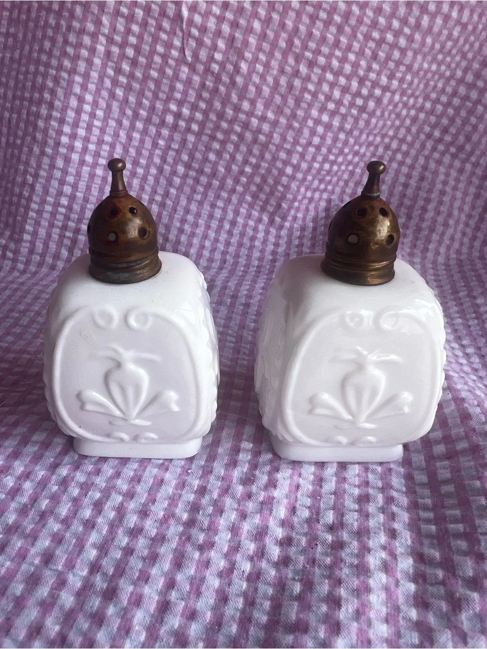 Milk Glass Salt and Pepper Shaker Set with Brass Tops